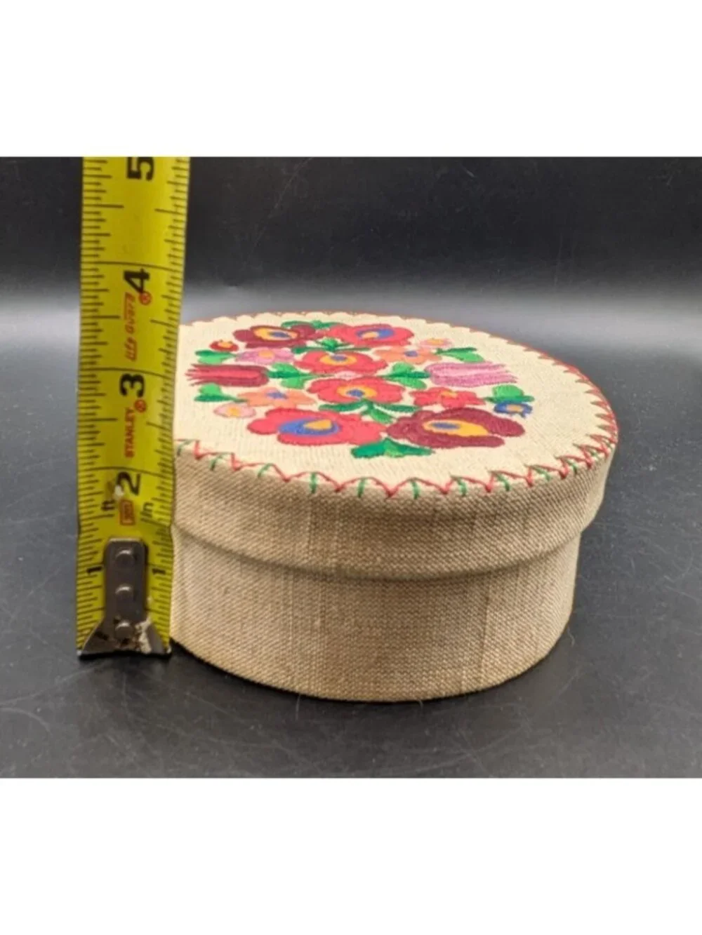 Vintage Embroidered Fabric Jewelry Trinket Box Oval Floral Handmade Germany 8